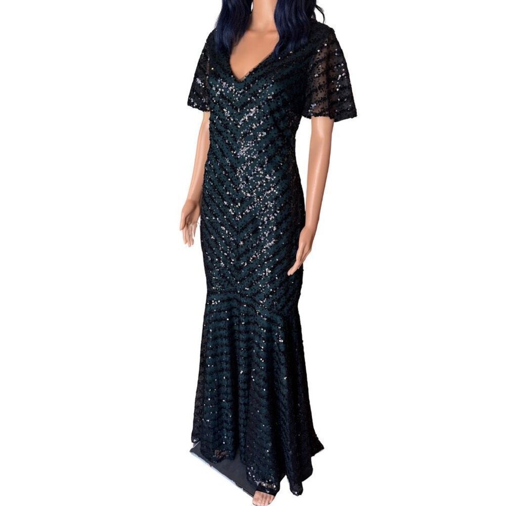 Xscape Black Sequin Maxi Dress with Flutter Sleeves - Picture 6 of 8